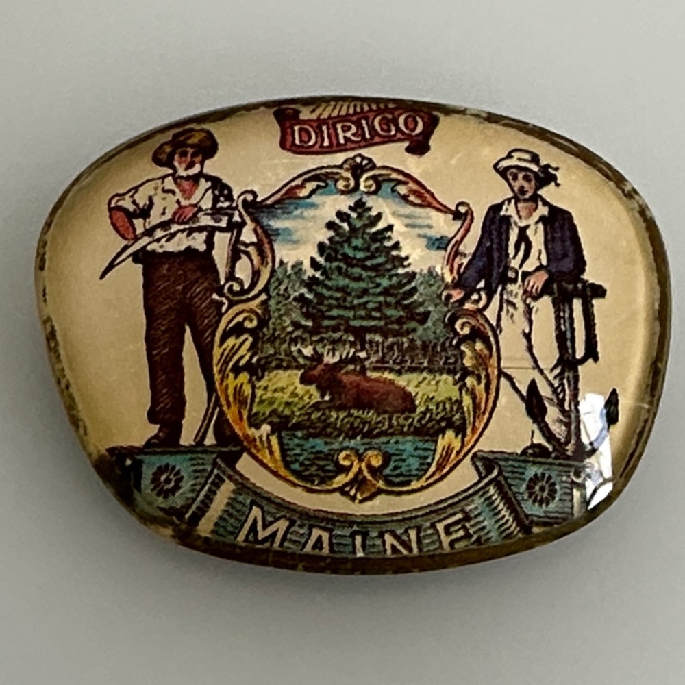 Vintage Gold-tone Maine State Seal Brooch with Green and Blue Accents